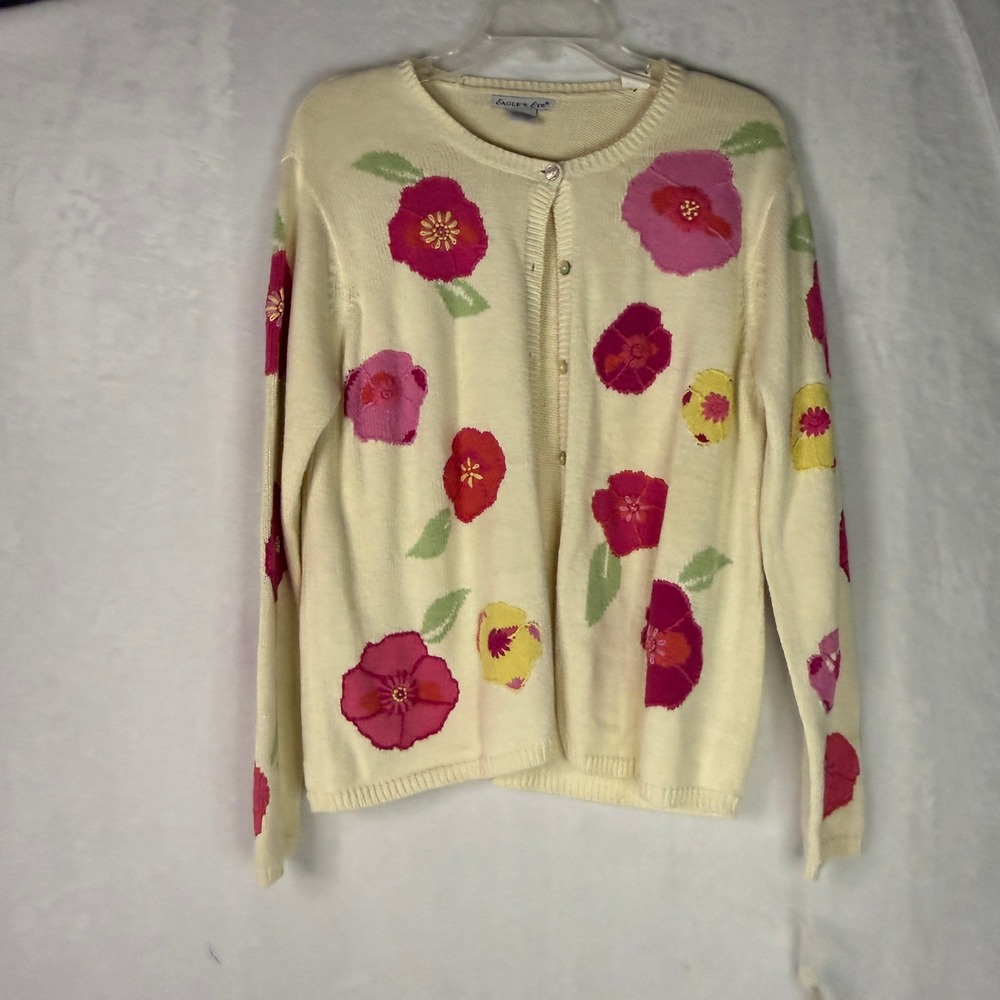 NWT Eagle's Eye Floral Cardigan Sweater L Ivory Pink Cottagecore‎ Ramie